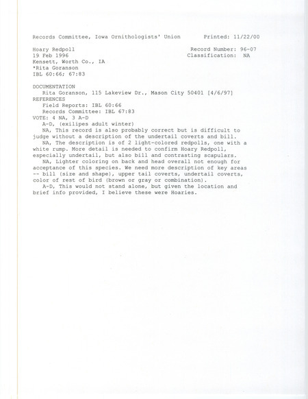 Records Committee review for two Hoary Redpolls at Kensett in Worth County, IA on February 19, 1996. Includes a record review document with votes and a documentation form submitted to the committee.