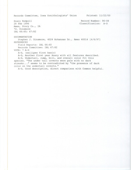 Records Committee review for a Hoary Redpoll at Ames in Story County, IA on February 28, 1996. Includes a record review document with votes and a documentation form submitted to the committee.