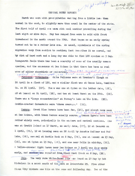 Quarterly field report for the spring of 1963 titled "General note reports." It is published in Iowa Bird Life 33:37-41, 1963. The report is a draft with manual annotations.