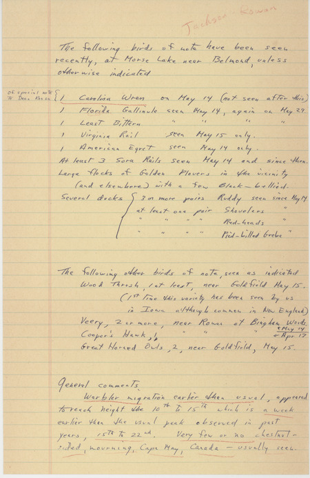 Field notes for Morse Lake during May 1963. The name Jackson-Rowan is handwritten in red at the top of the note. This item was used as supporting documentation for the Iowa Ornithologists' Union Quarterly field report of Spring 1963.