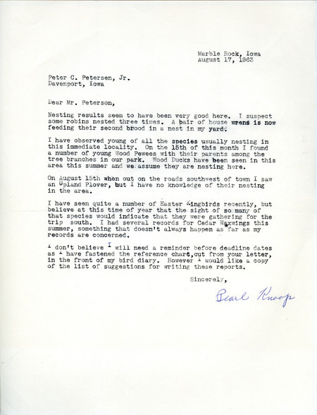 Fall migration report contributed by Pearl Knoop in a letter to Peter C. Petersen, August 17, 1963. This item was used as supporting documentation for the Iowa Ornithologists' Union Quarterly field report of Fall 1963.