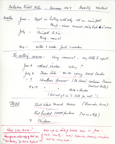Audubon field notes contributed by Frederick W. Kent. This item was used as supporting documentation for the Iowa Ornithologists' Union Quarterly field report of summer 1963.