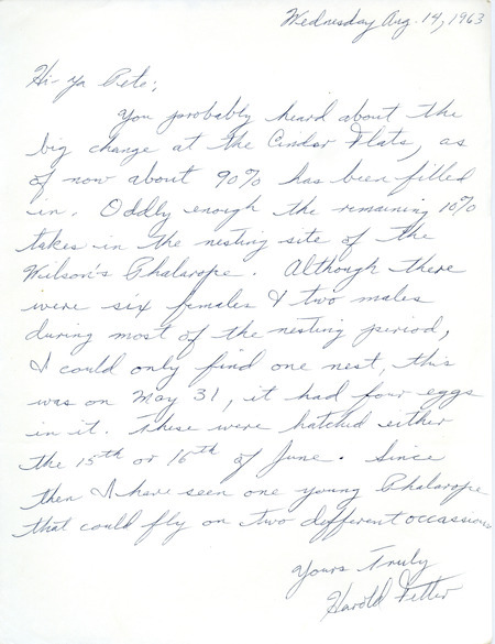 Bird sightings contributed by Harold Fetter in a letter to Peter C. Petersen, August 14, 1963. This item was used as supporting documentation for the Iowa Ornithologists' Union Quarterly field report of Summer 1963.