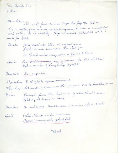 Audubon field notes were contributed by Woodward H. Brown in a letter to Peter C. Petersen. This item was used as supporting documentation for the Iowa Ornithologists' Union Quarterly field report of fall 1964.