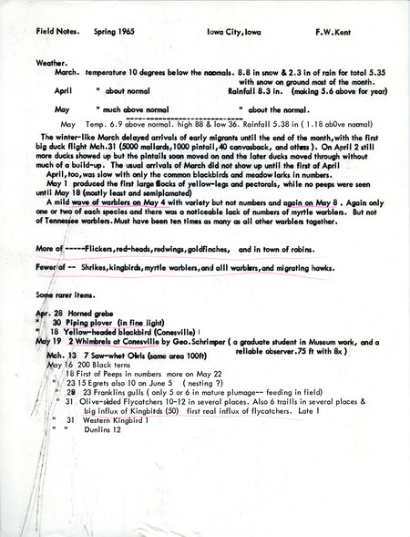 Field notes for the Iowa City, Iowa area were contributed by Frederick W. Kent. This item was used as supporting documentation for the Iowa Ornithologists' Union Quarterly field report of spring, 1965.