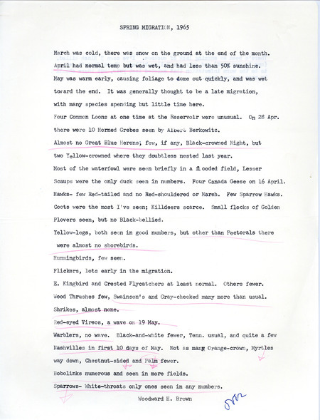 Field notes for spring migration were contributed by Woodward H. Brown. He reports that there was a late migration with many species spending little time in the area and a lack of yellow and black-billed cuckoos. This item was used as supporting documentation for the Iowa Ornithologists' Union Quarterly field report of spring, 1965.