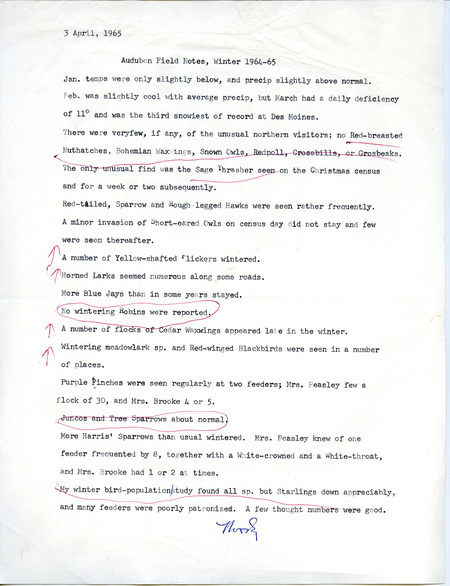 Audubon field notes were contributed by Woodward H. Brown. He reports declines in a number of species and no sightings of Red-breasted Nuthatches, Bohemian Waxwings, Snowy Owls, Redpoll, Crossbills, or Grosbeaks. This item was used as supporting documentation for the Iowa Ornithologists' Union Quarterly field report of winter, 1964-1965.