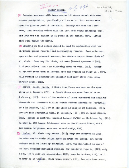 Quarterly field report for the winter of 1966. It is published in Iowa Bird Life 36:21-24, 1966. The report is a draft with manual annotations.
