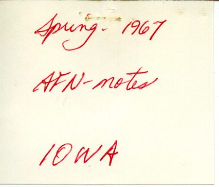 Audubon field notes contributed by Frederick W. Kent. A newspaper clipping regarding the naming of a park for Mr. Kent in Johnson County, Iowa and a note to Peter C. Petersen are included in the field notes. This item was used as supporting documentation for the Iowa Ornithologists' Union Quarterly field report of spring 1967.