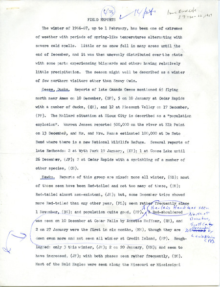 Quarterly field report for Winter 1966-1967 titled "Field reports." It is published in Iowa Bird Life 37:20-22, 1967. The report is a draft with numerous manual annotations. Supporting documentation includes Audubon field notes for winter 1966-1967.