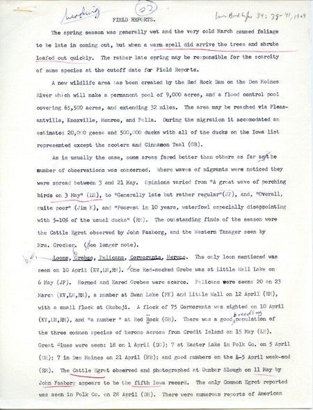 Quarterly field report for the Spring of 1969. Published in Iowa Bird Life 39: 38-41,1969.