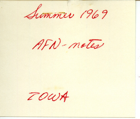 Audubon field notes for the summer of 1969 were written by Woodward H. Brown and had some parts underlined in red, and a note added in red about a Cattle Egret. Also included was a letter from R. G. Cortelyou to Peter C. Petersen sent in August 7, 1969 regarding the sighting of a Western Tanager. These items were used as supporting documentation for the Iowa Ornithologists' Union Quarterly field report of summer 1969.