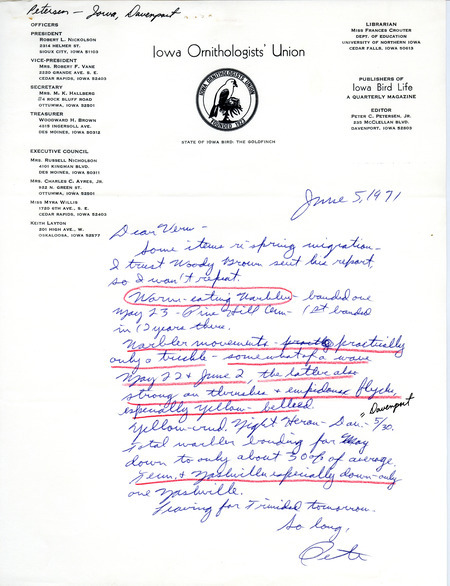 Peter C. Petersen letter to Vernon M. Kleen was regarding spring migration 1971, June 5, 1971. Annotations indicate Petersen's location was Davenport, Iowa. Some parts were underlined in red, and the bird name Worm-eating Warbler was circled in red. This item was used as supporting documentation for the Iowa Ornithologists' Union Quarterly field report of spring 1971.