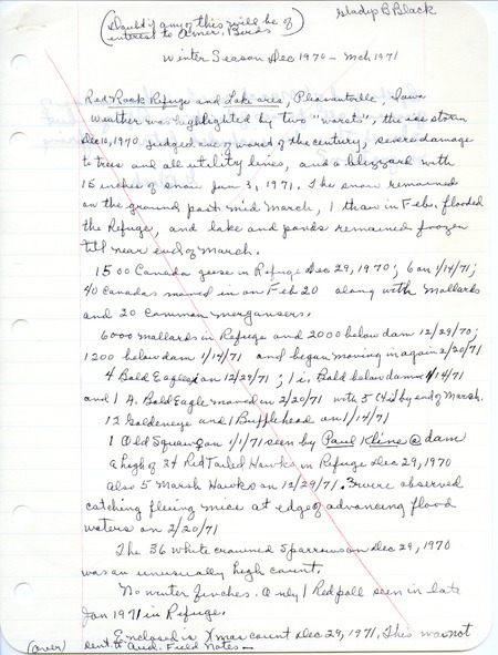 Report from Gladys Black was regarding birds sighted at the Red Rock Refuge and Lake Red Rock near Pleasantville, Iowa, during the winter season, December 1970-March 1971. This item was used as supporting documentation for the Iowa Ornithologists' Union Quarterly field report of winter 1970-1971.