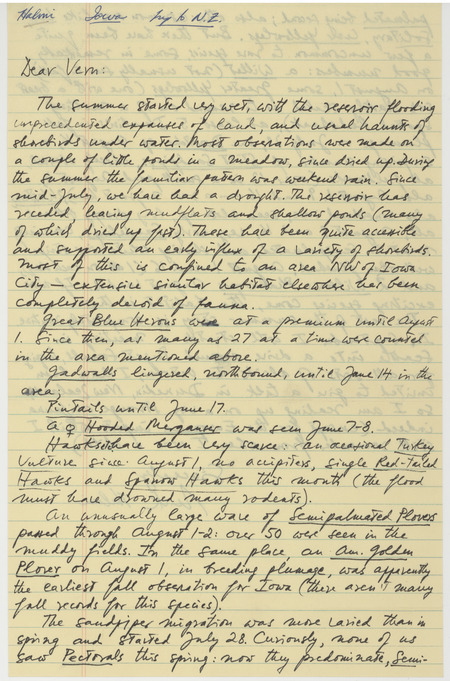 Letters from Nicholas S. Halmi to Vernon M. Kleen regarding birds he observed in the fall and summer of 1973. One letter was about birds observed during summer 1973 near Iowa City. The other letter, dated November 20, 1973, was about birds observed during the fall of 1973 at Coralville Reservoir. This letter noted the following birds that the author regarded as rare: Willets, Stilt Sandpipers, Sanderlings, and Western Sandpipers. These items were used as supporting documentation for the Iowa Ornithologists' Union Quarterly field report of fall 1973.