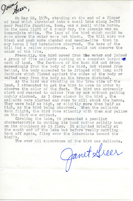 Detailed report of a Snowy Egret near Pacific Junction from Janet Greer to Vernon M. Kleen on May 22, 1974. This item was used as supporting documentation for the Iowa Ornithologists' Union Quarterly field report of spring 1974.