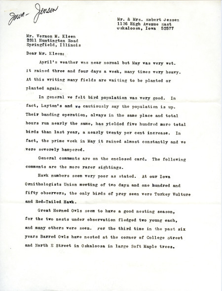 Letter and accompanying checklist from Robert and Valerie Jessen to Vernon M. Kleen reporting birds banded and sighted near Oskaloosa. These items were used as supporting documentation for the Iowa Ornithologists' Union Quarterly field report of spring 1974.