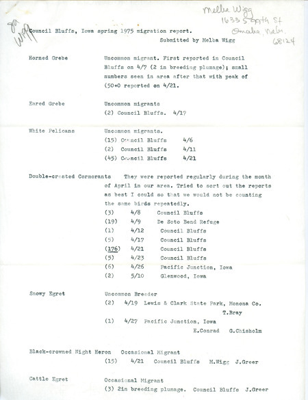 Council Bluffs, Iowa spring 1975 migration report was submitted by Melba Wigg. Birds listed as rare migrants were Long-tailed Duck, Goshawk, Northern Parula and Sharp-tailed Sparrow. This item was used as supporting documentation for the Iowa Ornithologists' Union Quarterly field report of spring 1975.