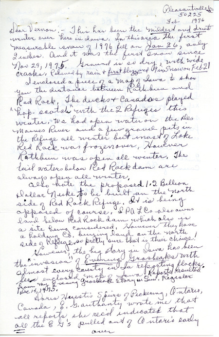 Letter with accompanying maps from Gladys Black to Vernon Kleen, regarding Red Rock Refuge and the Evening Grosbeak Invasion, February 1976. This item was used as supporting documentation for the Iowa Ornithologists' Union Quarterly field report of Winter 1975/1976."