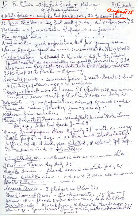 Bird sighting field notes compiled by Gladys Black. This item was used as supporting documentation for the Iowa Ornithologists Union Quarterly field report for the summer of 1976. This object also includes an annotated draft of the IOU quarterly field report for the summer of 1976.