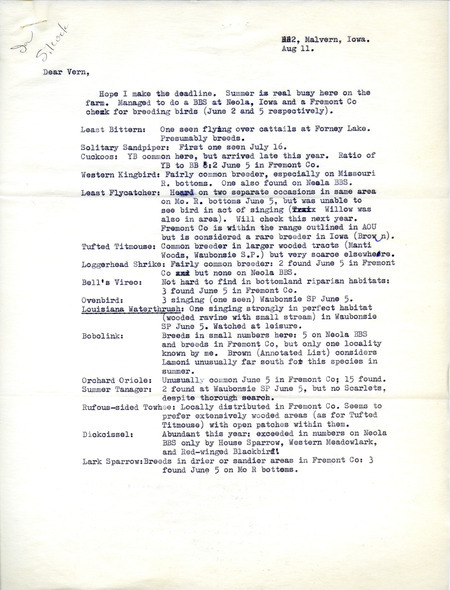 List of birds and locations contributed by Ross Silcock. This item was used as supporting documentation for the Iowa Ornithologists' Union Quarterly Field Report of Summer 1976.