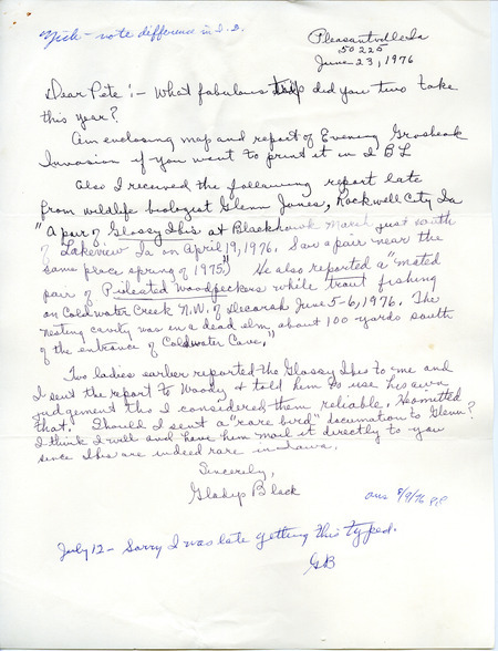 A letter from Gladys Black indicating bird sightings and locations in the summer of 1976. This item was used as supporting documentation for the Iowa Ornithologists' Union Quarterly field report of Summer 1976.