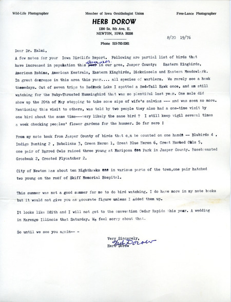 Bird sighting and locations in Jasper County contributed by Herb Dorow. This item was used as supporting documentation for the Iowa Ornithologists' Union Quarterly field report of Summer 1976.