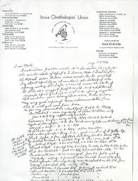 Bird sighting list and locations contributed by Peter Petersen. This item was used as supporting documentation for the Iowa Ornithologists' Union Quarterly field report of Summer 1976.