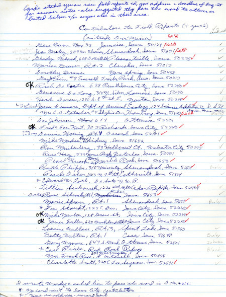 Bird sighting list and locations.This item was used as supporting documentation for the Iowa Ornithologists Union Quarterly field report of Summer 1976.