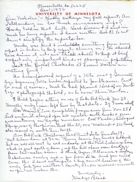 Fall migration report contributed by Gladys Black in a letter to Nicholas S. Halmi, December 1, 1976. This item was used as supporting documentation for the Iowa Ornithologists' Union Quarterly field report of Fall 1976.