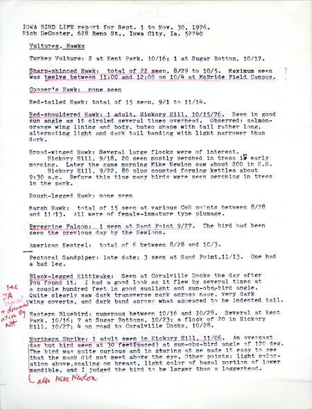 Iowa Bird Life report contributed by Rich DeCoster, December 3, 1976. This item was used as supporting documentation for the Iowa Ornithologists' Union Quarterly field report of Fall, 1976.