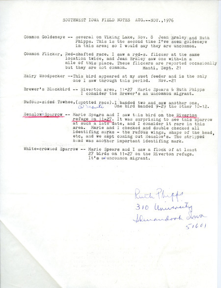 Field notes for Southwest Iowa contributed by Ruth Phipps. This item was used as supporting documentation for the Iowa Ornithologists' Union Quarterly field report of Fall 1976.