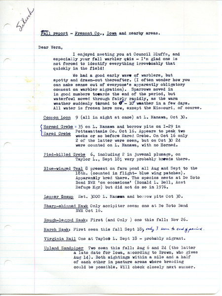 Fall report for Fremont County Iowa and nearby areas contributed by W. Ross Silcock in a letter to Vernon M. Kleen. This item was used as supporting documentation for the Iowa Ornithologists' Union Quarterly field report of fall 1976.