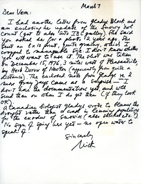 Quarterly field report for winter 1976-1977 titled "Field reports." It is published in Iowa Bird Life March 1977. The report is an annotated draft. Supporting documentation includes a Nicholas S. Halmi letter to Vernon M. Kleen regarding an update on sightings from Gladys Black, March 7, 1977. This item was used as supporting documentation for the Iowa Ornithologists' Union Quarterly field report of winter 1976-1977.