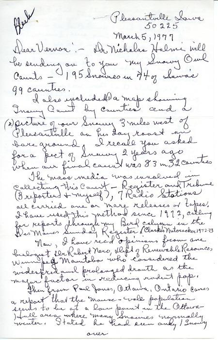 Bird sightings and an enclosed map showing a County of Snowy Owls contributed by Gladys Black in a letter to Vernon M. Kleen. This item was used as supporting documentation for the Iowa Ornithologists' Union Quarterly field report of winter 1976-1977.