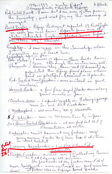 Winter bird County from reports across the state contributed by Gladys Black. This item was used as supporting documentation for the Iowa Ornithologists' Union Quarterly field report of winter, 1976-1977.