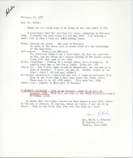 Bird sightings were contributed by Ione Getscher in a letter to Nicholas S. Halmi. This item was used as supporting documentation for the Iowa Ornithologists' Union Quarterly field report of winter, 1976-1977.