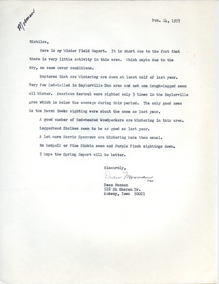Bird sightings at Saylorville Dam contributed by Dean Mosman in a letter to Nicholas S. Halmi. This item was used as supporting documentation for the Iowa Ornithologists' Union Quarterly field report of winter, 1976-1977.