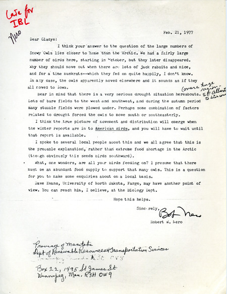 Snowy Owl migration from Canada to Iowa contributed by Robert W. Nero in a letter to Gladys Black.This item was used as supporting documentation for the Iowa Ornithologists' Union Quarterly field report of winter, 1976-1977.