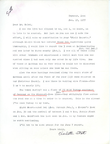 Bird sightings contributed by Charlotte Scott in a letter to Nicholas S. Halmi, February 17, 1977. This item was used as supporting documentation for the Iowa Ornithologists' Union Quarterly field report of winter 1976-1977.
