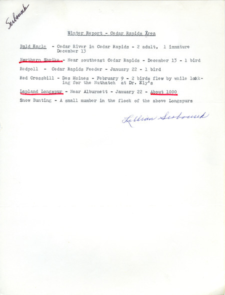 Winter report contributed by Lillian Serbousek. This item was used as supporting documentation for the Iowa Ornithologists' Union Quarterly field report of winter 1976-1977.