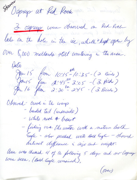 Bird sighting of Ospreys was contributed by Jon Stravers. This item was used as supporting documentation for the Iowa Ornithologists' Union Quarterly field report of winter 1976-1977.