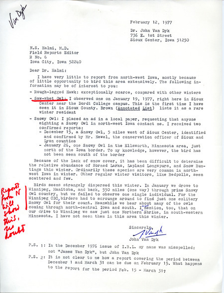 Bird sightings contributed by John Van Dyk in a letter to Nicholas S. Halmi. This item was used as supporting documentation for the Iowa Ornithologists' Union Quarterly field report of winter, 1976-1977.