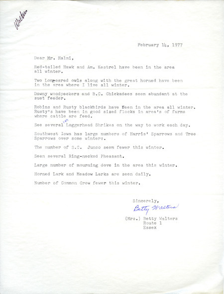 Bird sightings contributed by Betty Walters in a letter to Nicholas S. Halmi. This item was used as supporting documentation for the Iowa Ornithologists' Union Quarterly field report of winter 1976-1977.