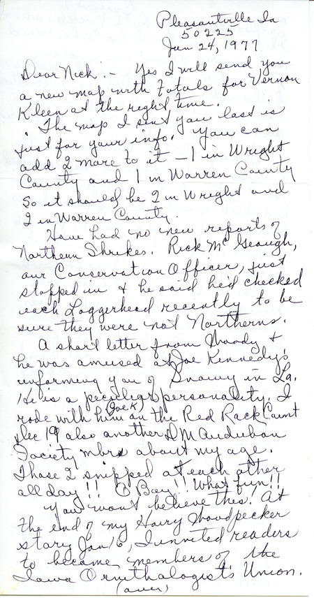 Snowy Owl sightings contributed by Gladys Black in a letter to Nicholas S. Halmi. Gladys is also commenting on a recent increase in Iowa Ornithologists' Union memberships. This item was used as supporting documentation for the Iowa Ornithologists' Union Quarterly field report of winter, 1976-1977.
