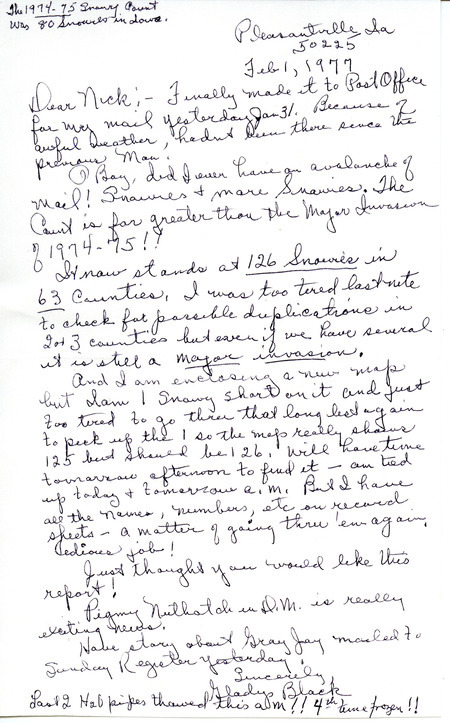 Report of Snowy Owl County contributed by Gladys Black in a letter to Nicholas S. Halmi. This item was used as supporting documentation for the Iowa Ornithologists' Union Quarterly field report of winter, 1976-1977.