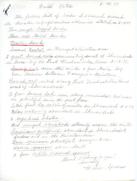 Field notes contributed by Marie Spears. This item was used as supporting documentation for the Iowa Ornithologists' Union Quarterly field report of winter, 1976-1977.
