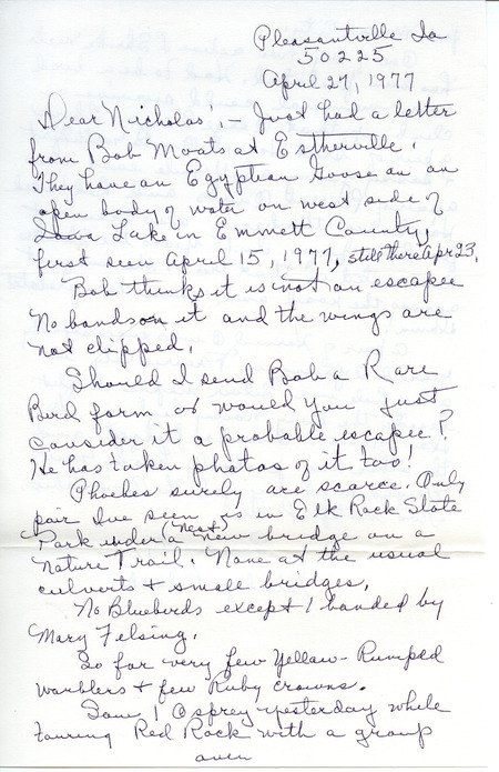 Letter from Gladys Black to Nicholas S. Halmi regarding bird watching, April 27, 1977. The letter mentions a sighting of an Egyptian Goose spotted in Iowa Lake in Emmet County, along with other birds. This item was used as supporting documentation for the Iowa Ornithologists' Union Quarterly Report of spring 1977.