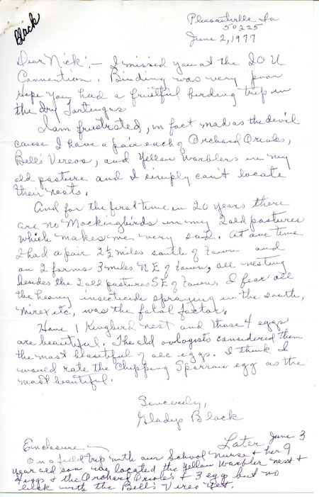 Letter from Gladys Black to Nicholas S. Halmi, regarding bird watching and sightings. Item includes notes on observations by bird type. This item was used as supporting documentation for the Iowa Ornithologists' Union Quarterly Report of spring 1977.