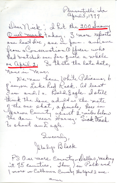 Letter from Gladys Black to Nicholas S. Halmi, regarding bird sightings. This item was used as supporting documentation for the Iowa Ornithologists' Union Quarterly Report of spring 1977.